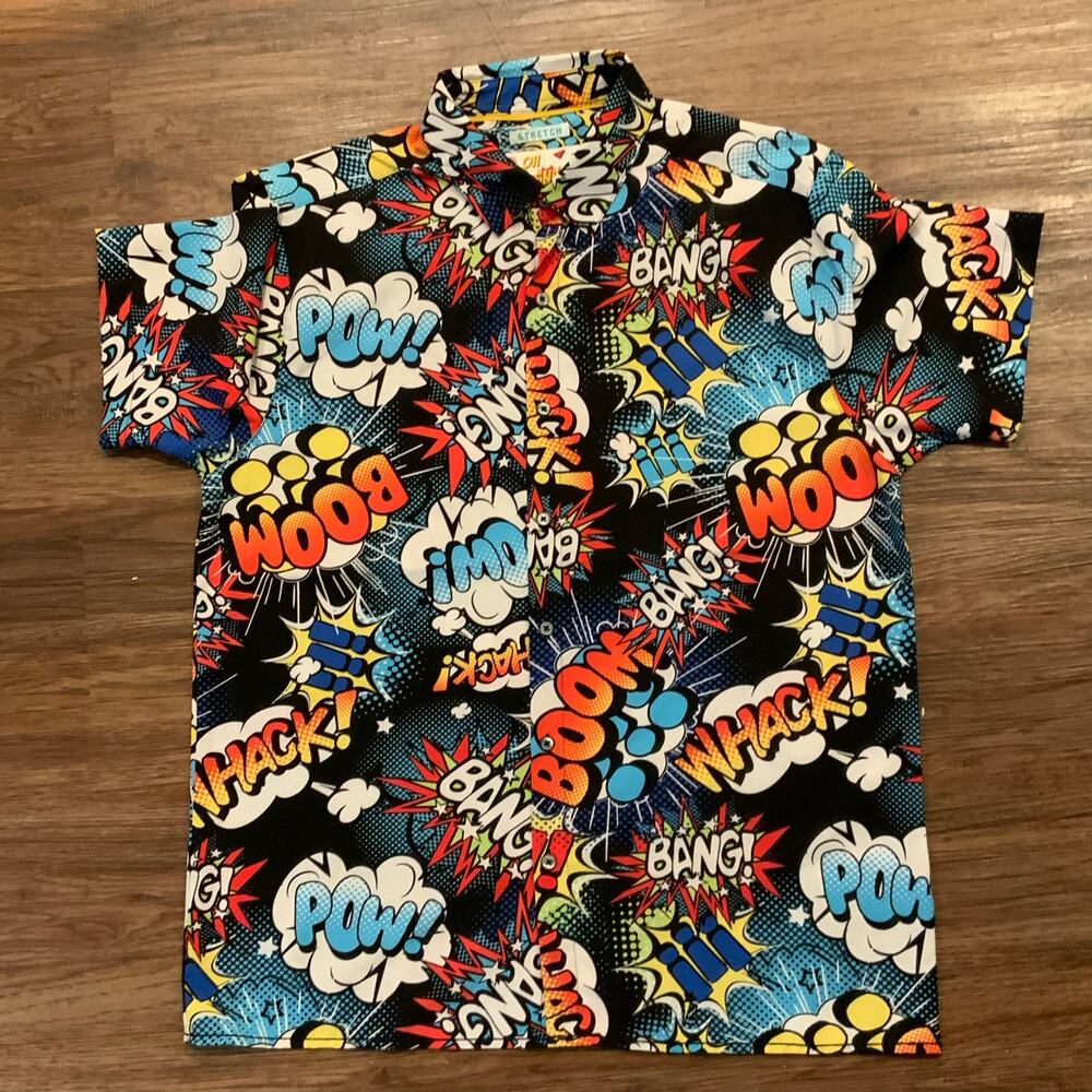 Oh Snap! Drill Comic Pop Art AOP Short Sleeve‎ Button Up Shirt L Boom Pow Bang